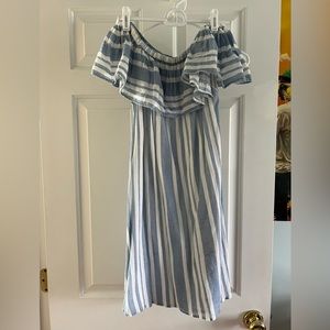 Off-the-shoulder blue and white striped dress